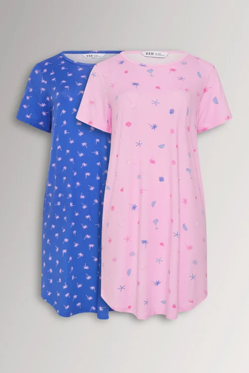 Yours 2 Pack Curve Pink Soft Touch Palm Tree Nightdresses - 14-16 Image 1