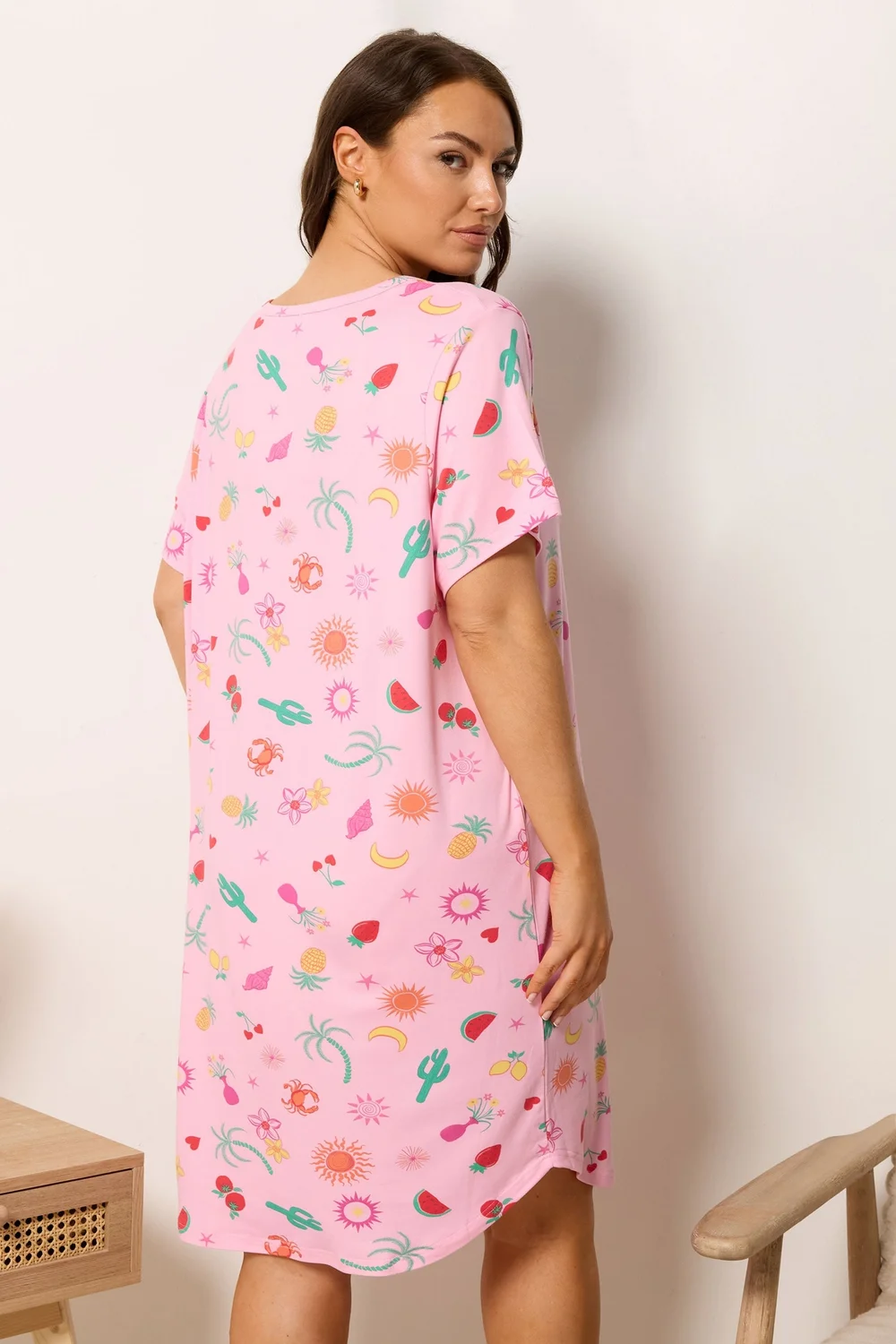 Yours Curve Pink Summer Print Soft Touch Nightdress - 30-32 Image 3