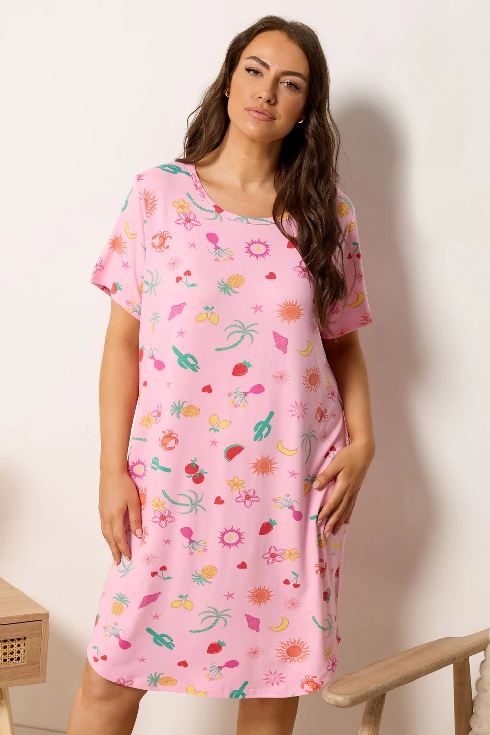 Yours Curve Pink Summer Print Soft Touch Nightdress - 30-32 Image 2