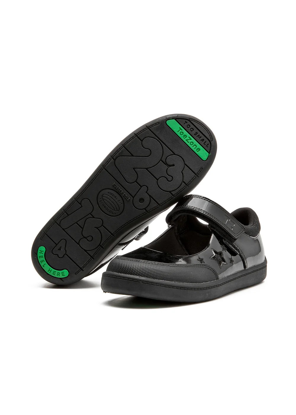 ToeZone Zola Rubber Black Patent Leather Star Rip Tape School Shoes (Younger 8 - Older 2) - 12 Infants Image 1
