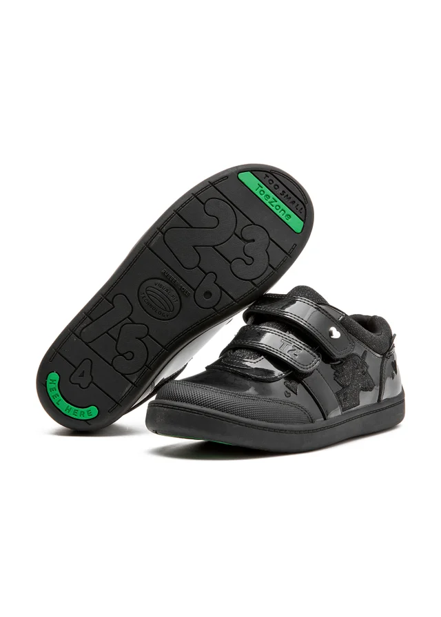 ToeZone Kira Rubber Patent Double Rip-Tape Black Unicorn School Shoes (Younger 8 - Older 2)