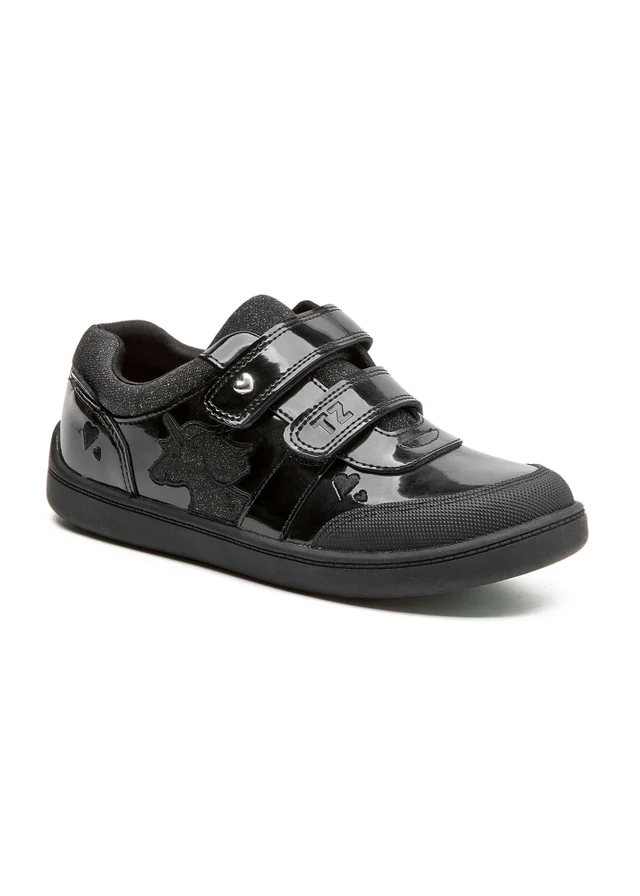 ToeZone Kira Rubber Patent Double Rip-Tape Black Unicorn School Shoes (Younger 8 - Older 2)