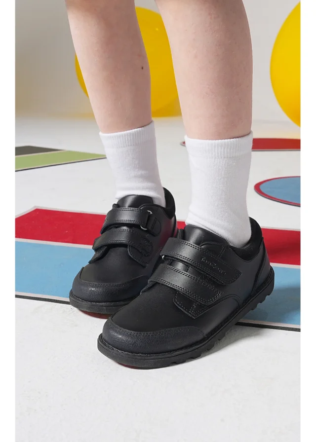 ToeZone Tracer Classic Double Rip Tape Black Leather School Shoes (Younger 8 - Older 1)
