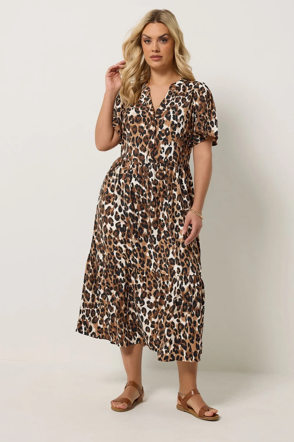 Yours Curve Brown Leopard Half Placket Dress - 22-24 Image 2