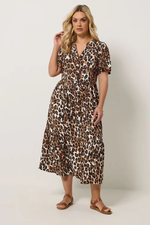 Yours Curve Brown Leopard Half Placket Dress - 22-24 Image 2