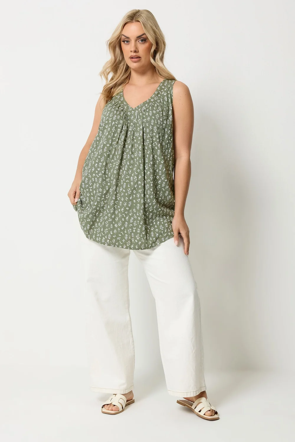 Yours Curve Olive Green Ditsy Floral Vest Top - 14 Image 2