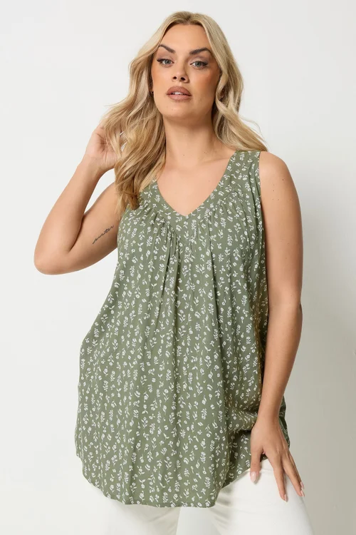 Yours Curve Olive Green Ditsy Floral Vest Top - 14 Image 1