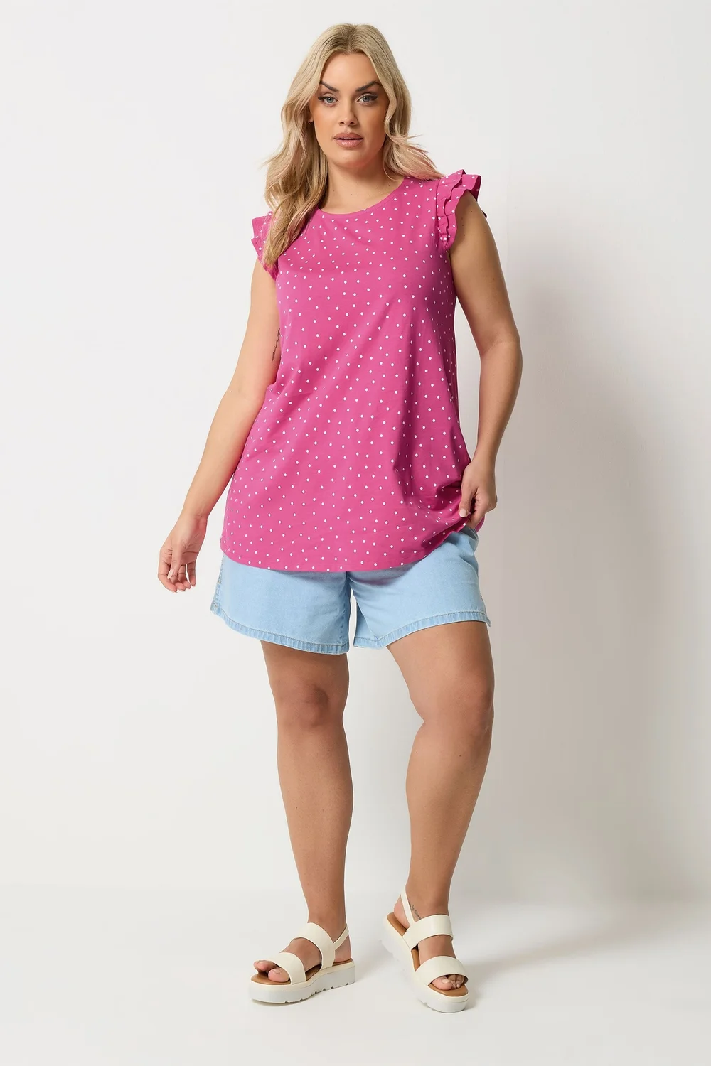 Yours Curve Pink Polka Dot Frill Sleeve Vest Top - 26-28 Image 2