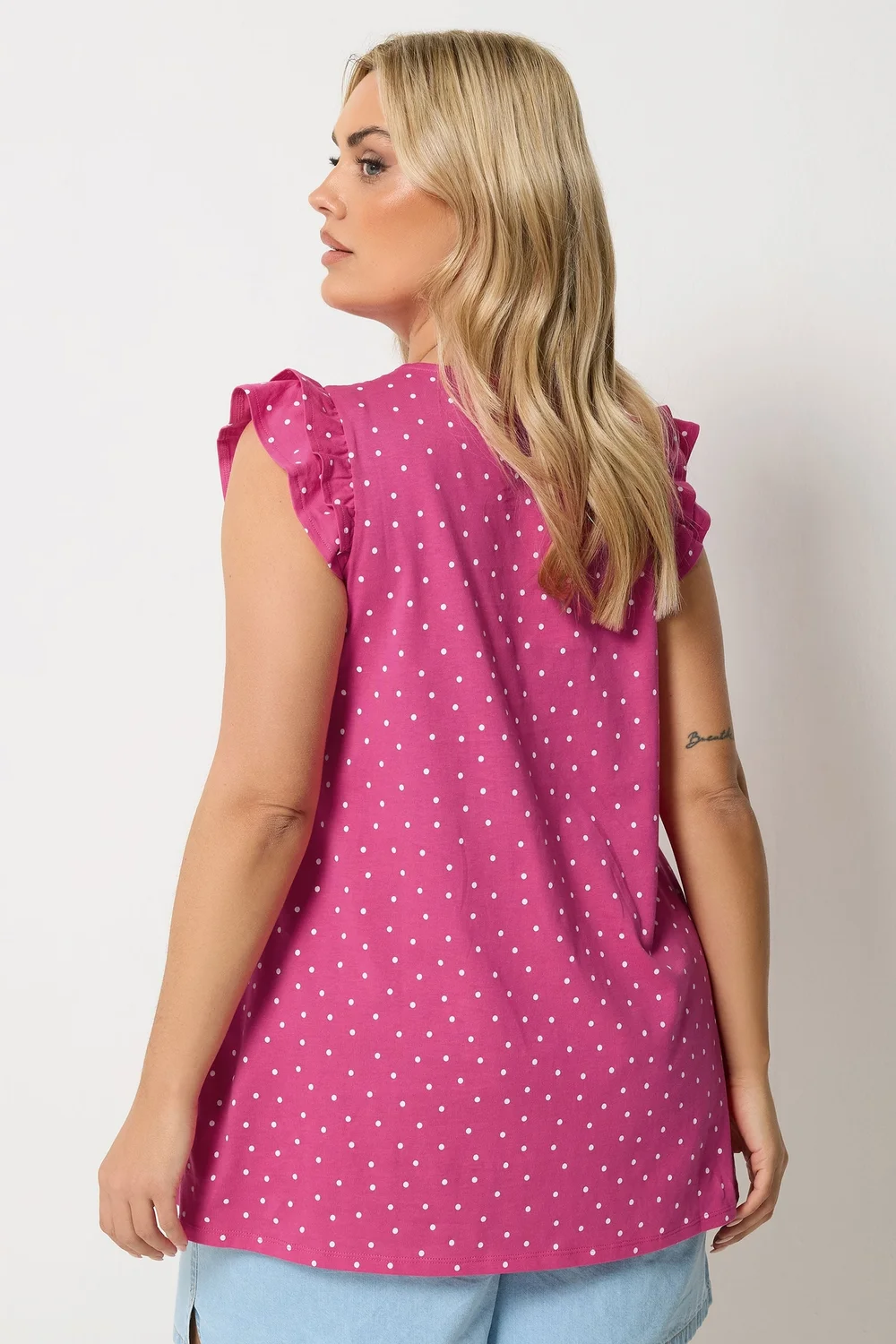 Yours Curve Pink Polka Dot Frill Sleeve Vest Top - 26-28 Image 3