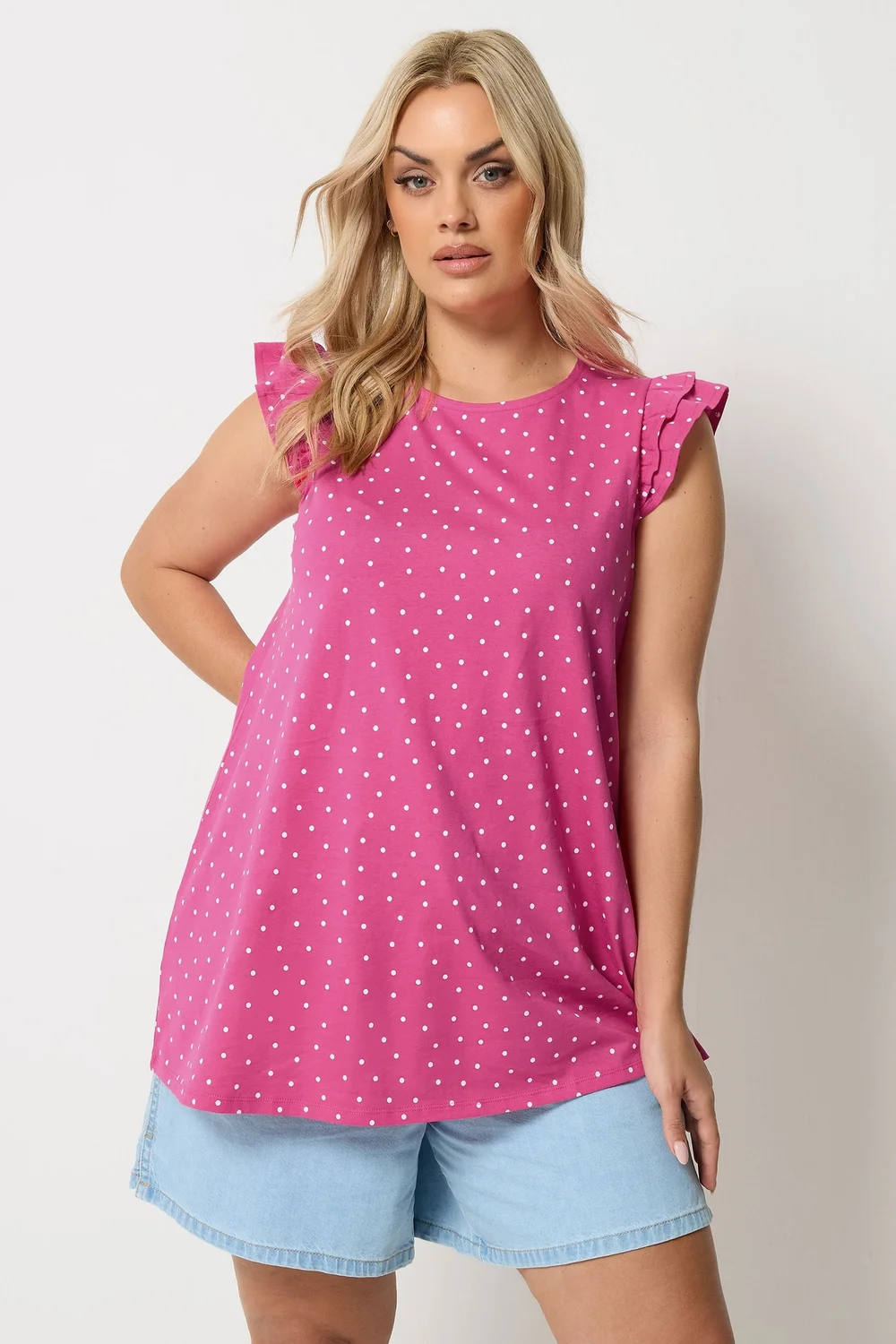 Yours Curve Pink Polka Dot Frill Sleeve Vest Top - 26-28 Image 1