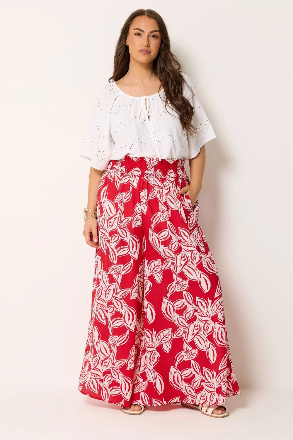 Yours Curve Red Palm Leaf Wide Leg Trousers - 26-28/L28 Image 1