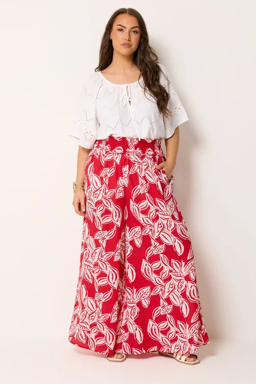 Yours Curve Red Palm Leaf Wide Leg Trousers - 26-28/L28 Image 1