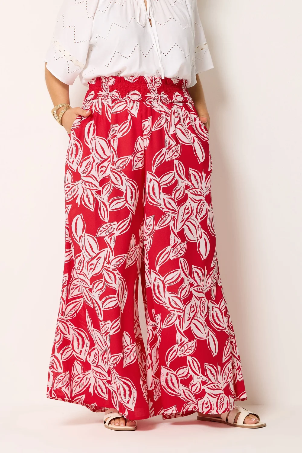 Yours Curve Red Palm Leaf Wide Leg Trousers - 26-28/L28 Image 2