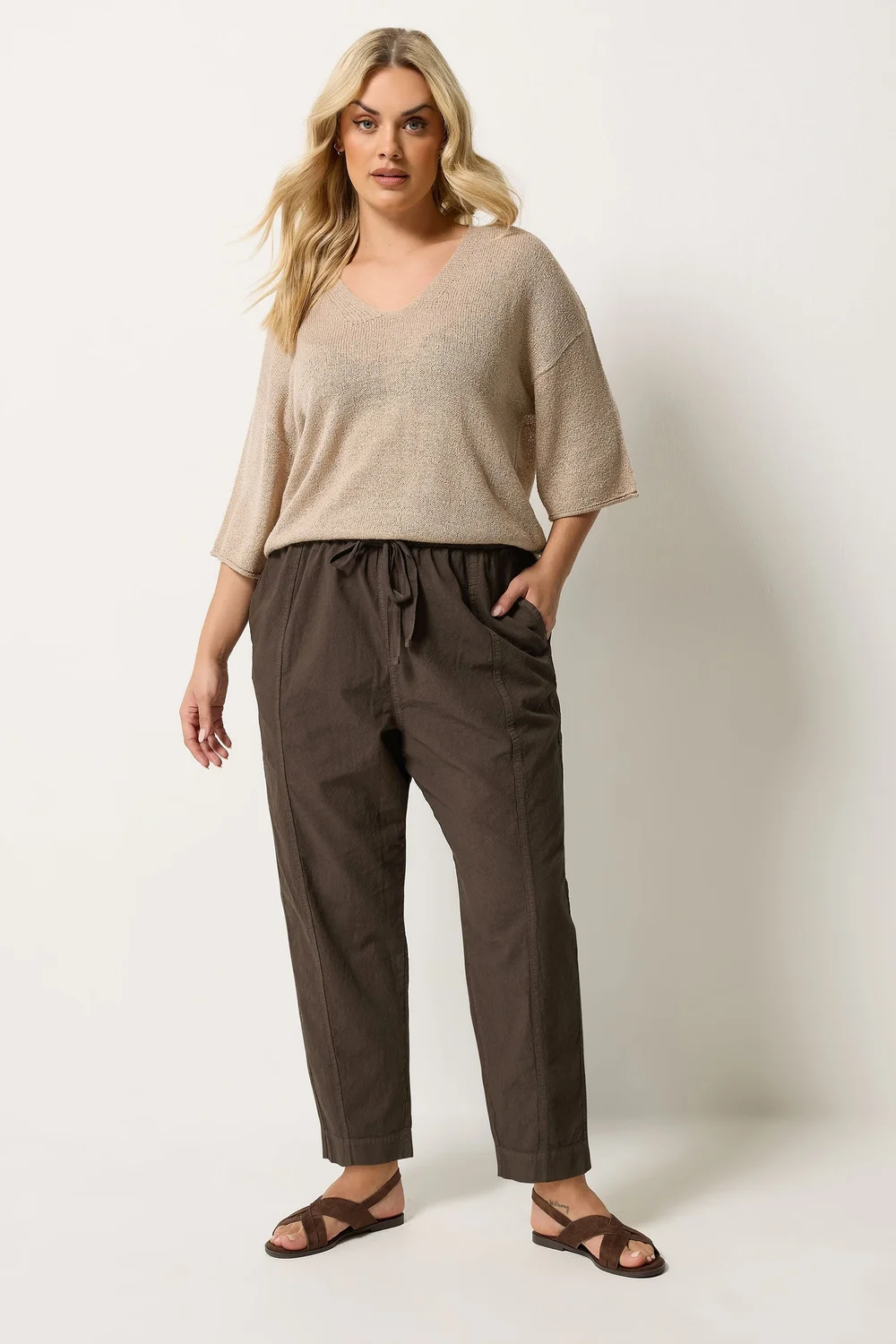 Yours Curve Chocolate Brown Cool Cotton Barrel Leg Trousers - 22-24 Image 3