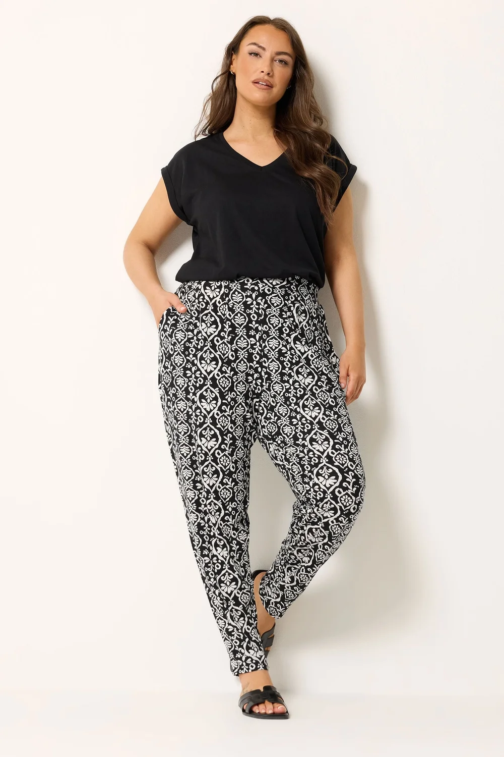 Yours Curve Black Ikat Print Harem Trousers - 16/L30 Image 2