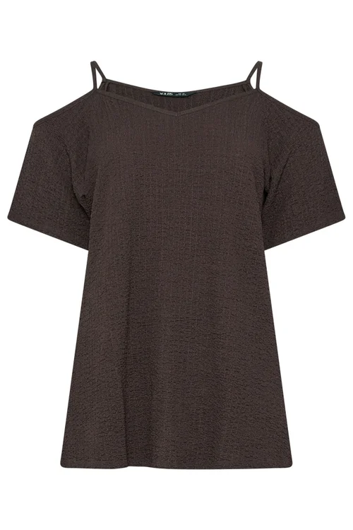Yours Curve Chocolate Brown Textured Cold Shoulder Top - 26-28 Image 5
