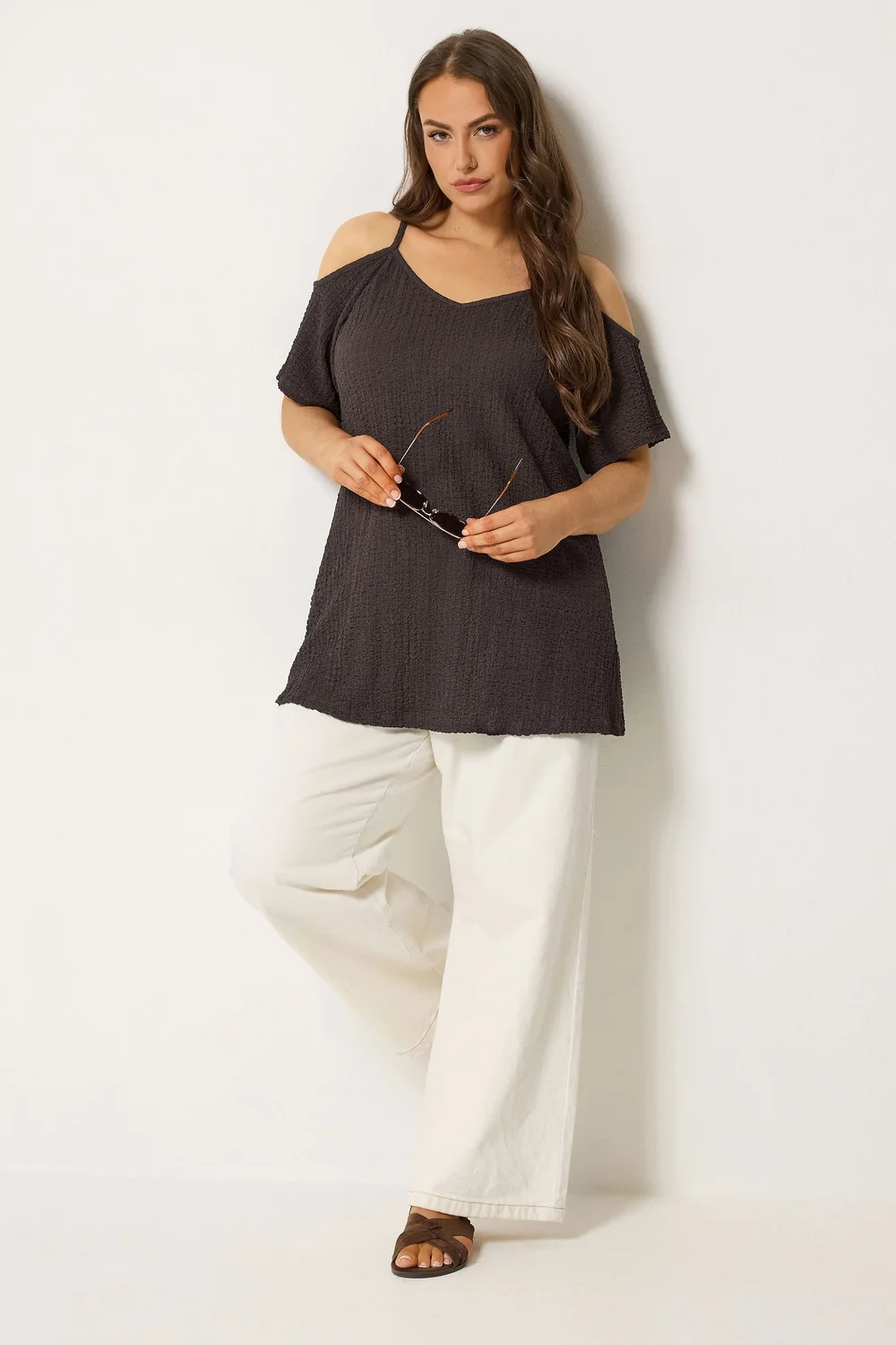 Yours Curve Chocolate Brown Textured Cold Shoulder Top - 26-28 Image 2