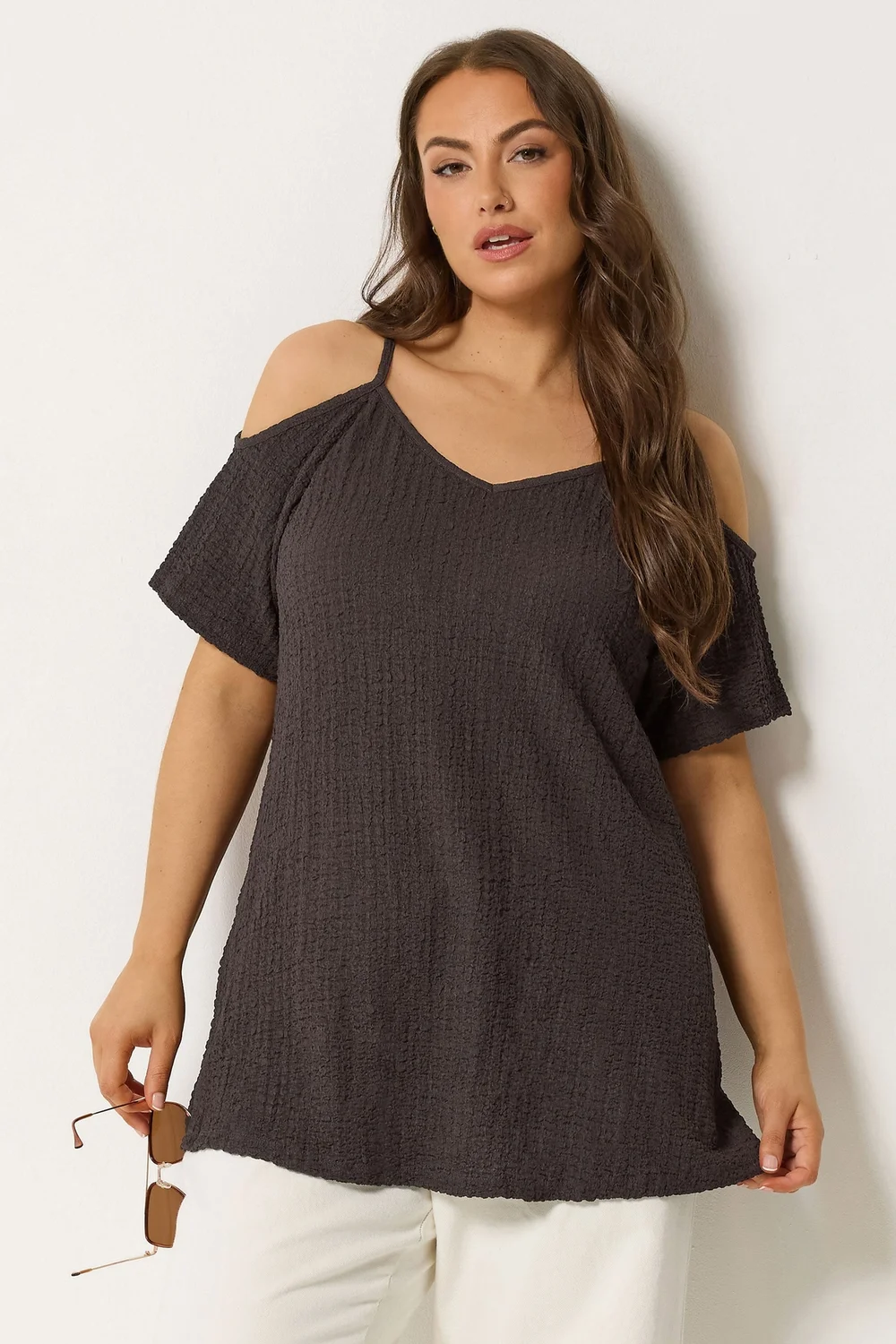 Yours Curve Chocolate Brown Textured Cold Shoulder Top - 26-28 Image 1