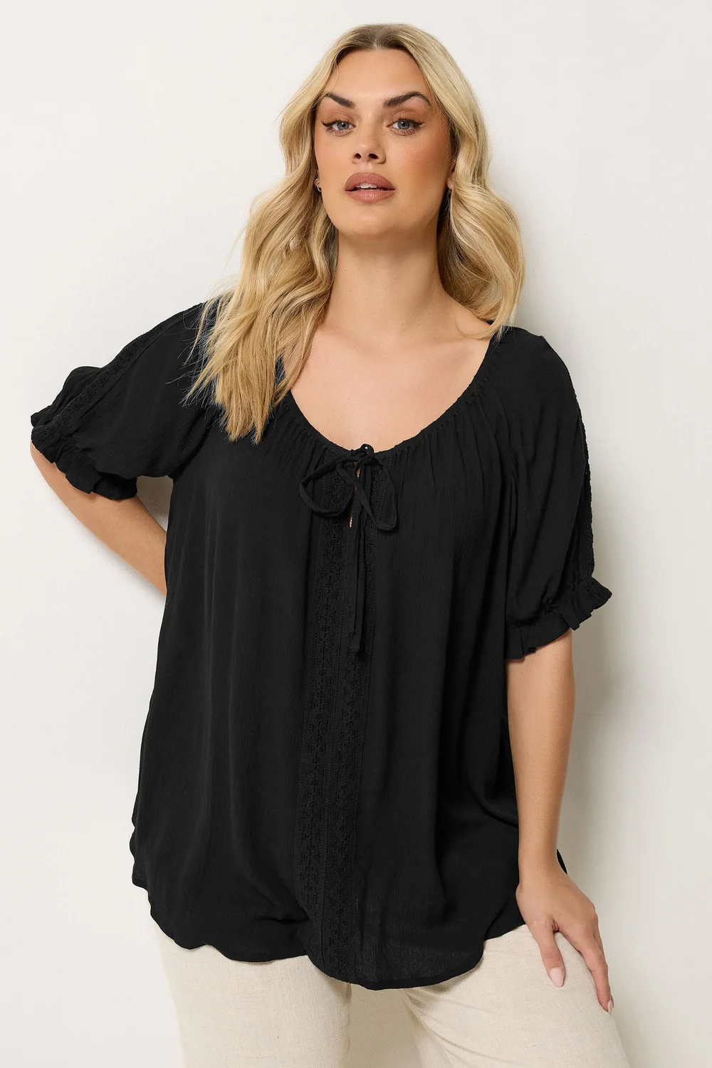 Yours Curve Black Crochet Detail Top - 20 Image 1