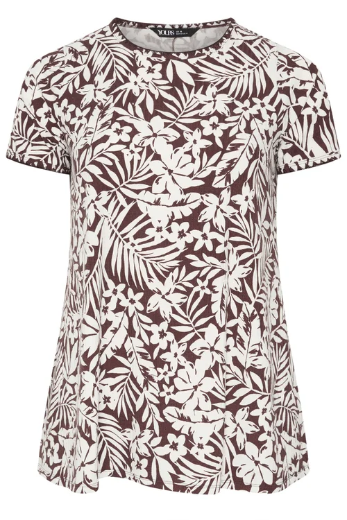 Yours Curve Brown Leaf Contrast Stitch Swing T-Shirt - 26-28 Image 5