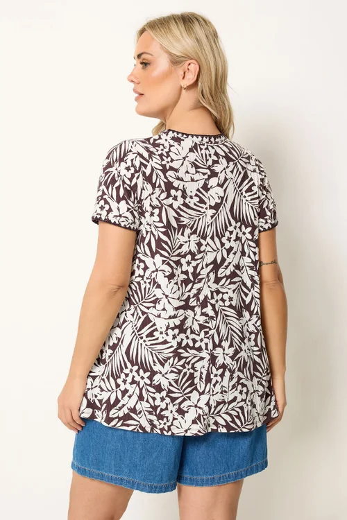 Yours Curve Brown Leaf Contrast Stitch Swing T-Shirt - 26-28 Image 3