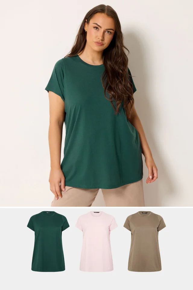Yours 3 Pack Curve Mocha Brown & Pink Core T-Shirts