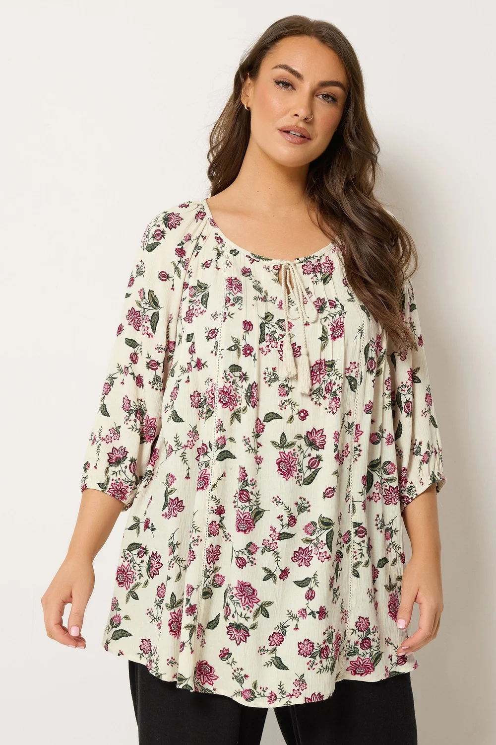 Yours Curve Ivory White Floral Tie Detail Top - 34-36 Image 1