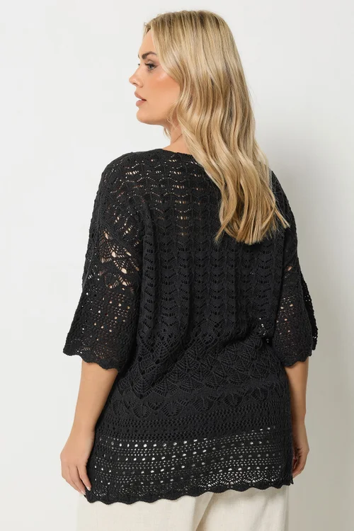 Yours Curve Black Crochet Crew Neck Top - 26-28 Image 3