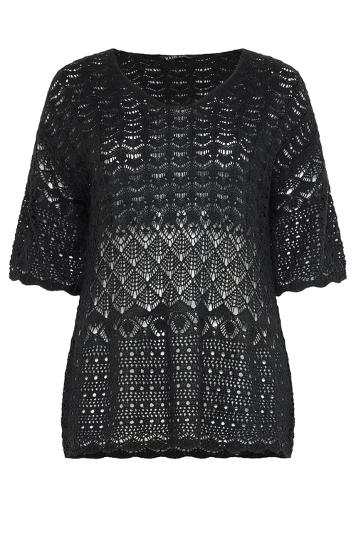 Yours Curve Black Crochet Crew Neck Top - 26-28 Image 5