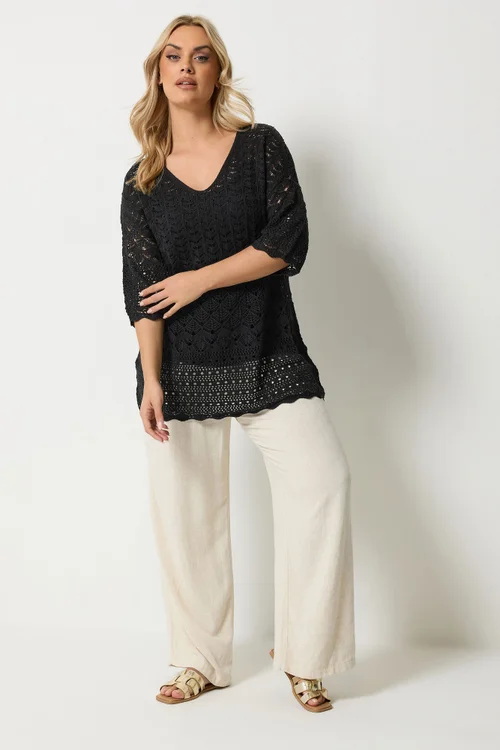 Yours Curve Black Crochet Crew Neck Top - 26-28 Image 2