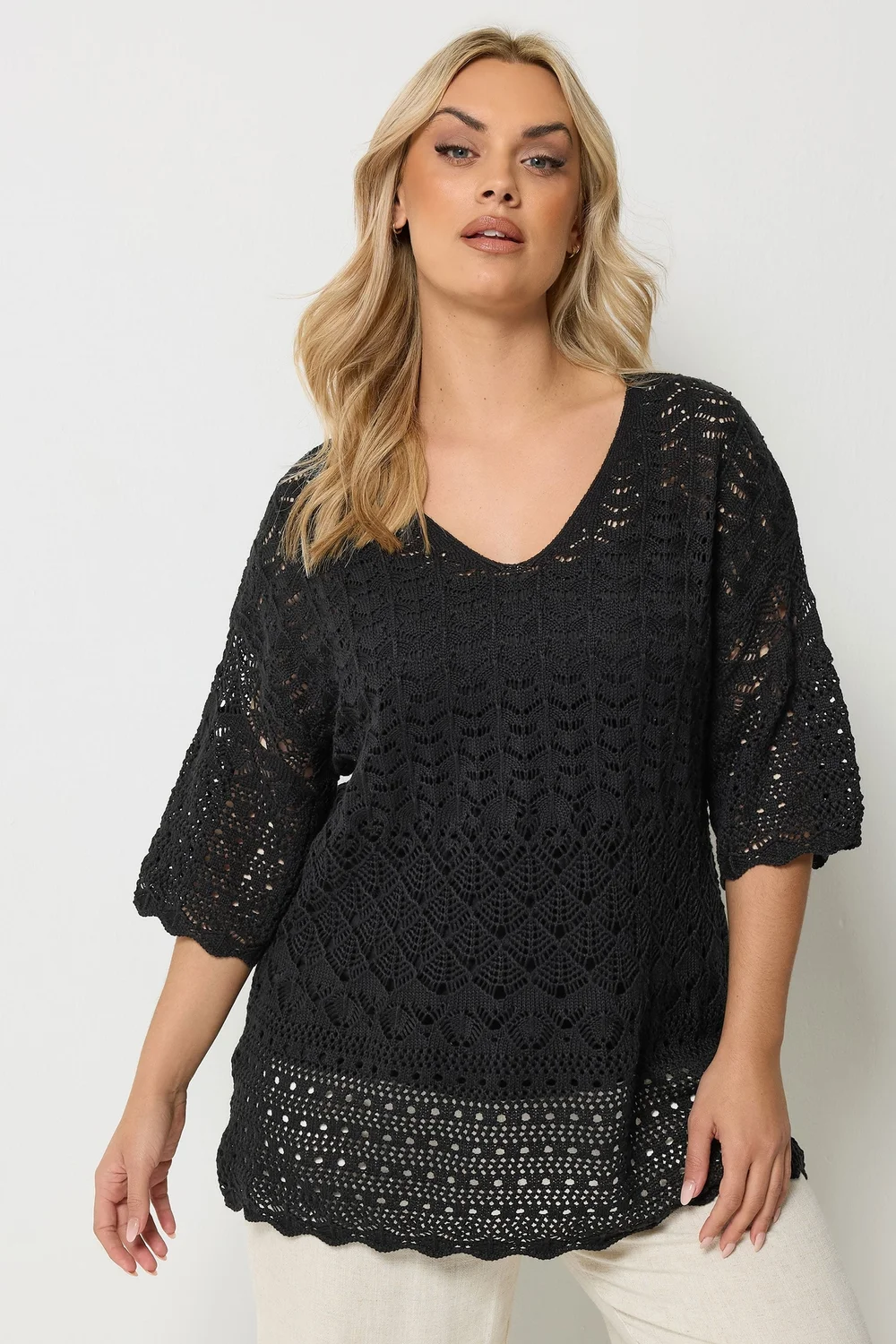 Yours Curve Black Crochet Crew Neck Top - 26-28 Image 1