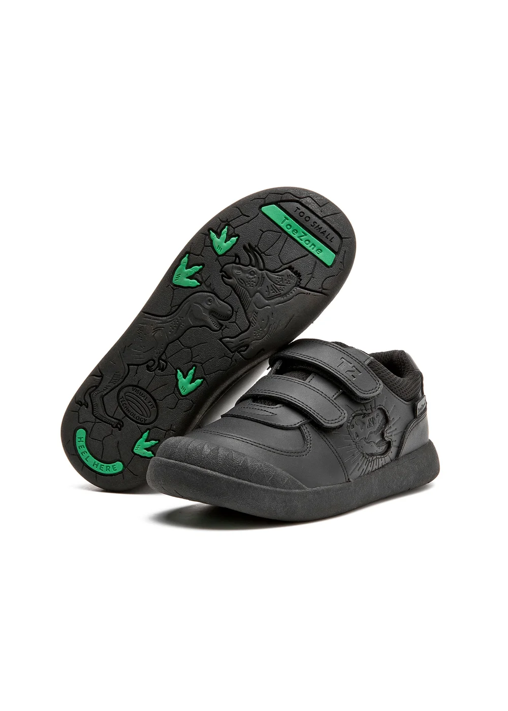 ToeZone Noah Black Rip Tape Dinosaur Character School Shoes - 1 Infants Image 1