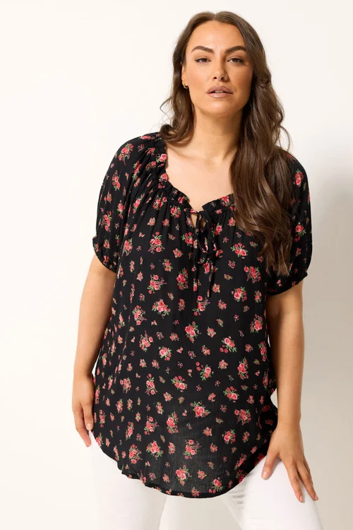 Yours Curve Black Ditsy Floral Bardot Top - 16 Image 1