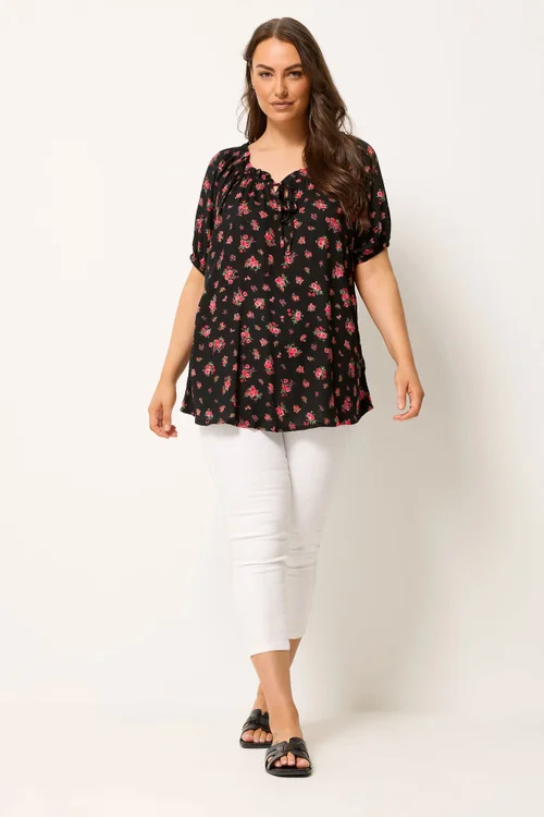 Yours Curve Black Ditsy Floral Bardot Top - 16 Image 2
