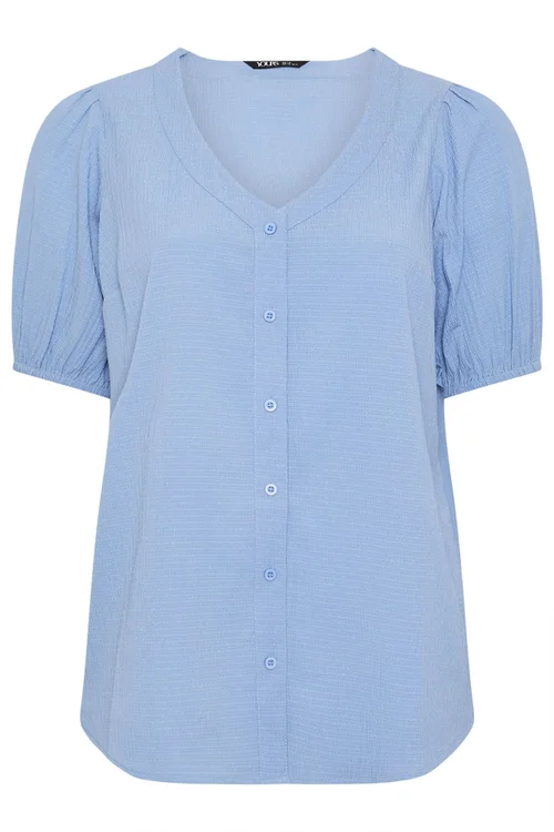 Yours Curve Blue Button Textured Blouse - 22-24 Image 5