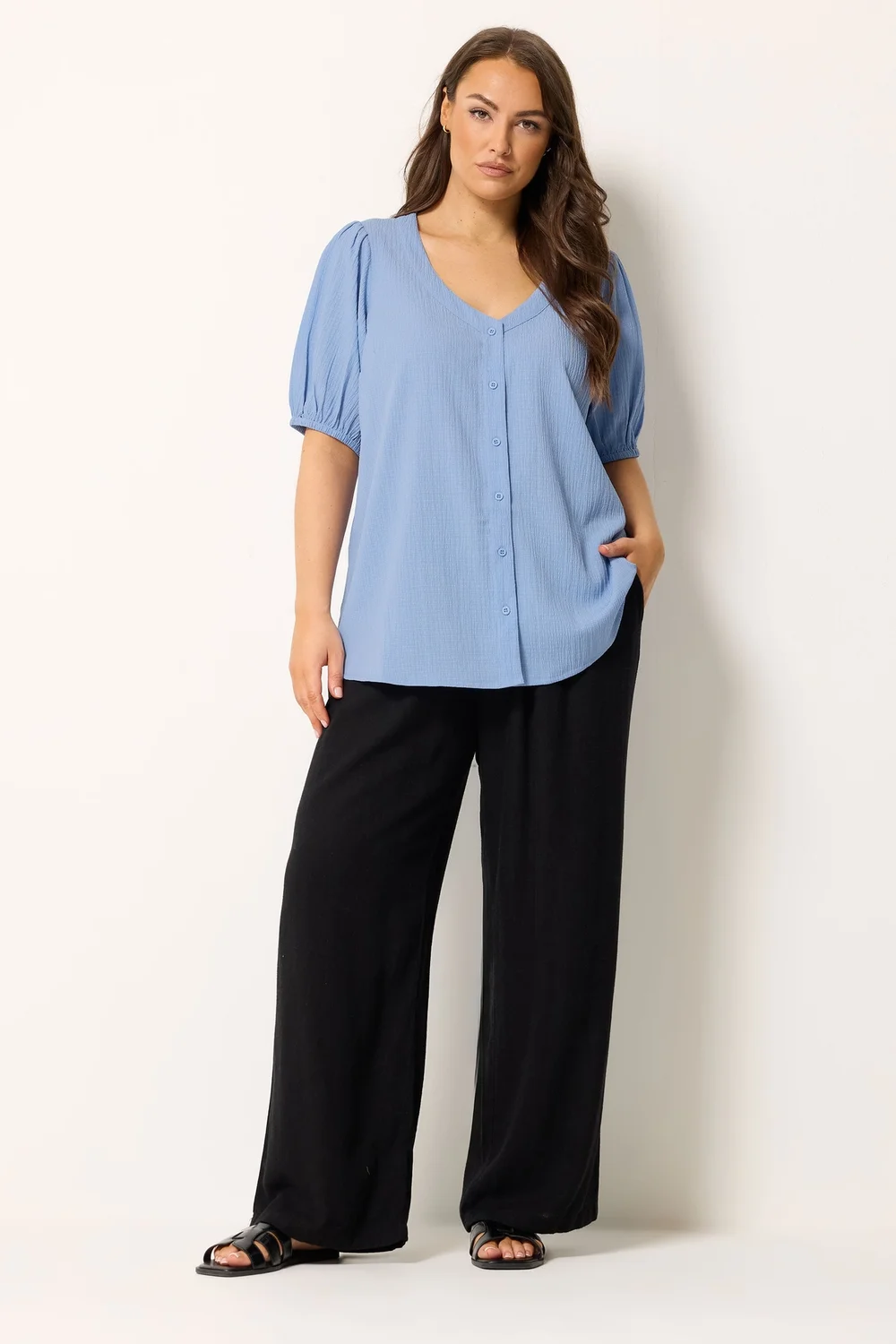 Yours Curve Blue Button Textured Blouse - 22-24 Image 2