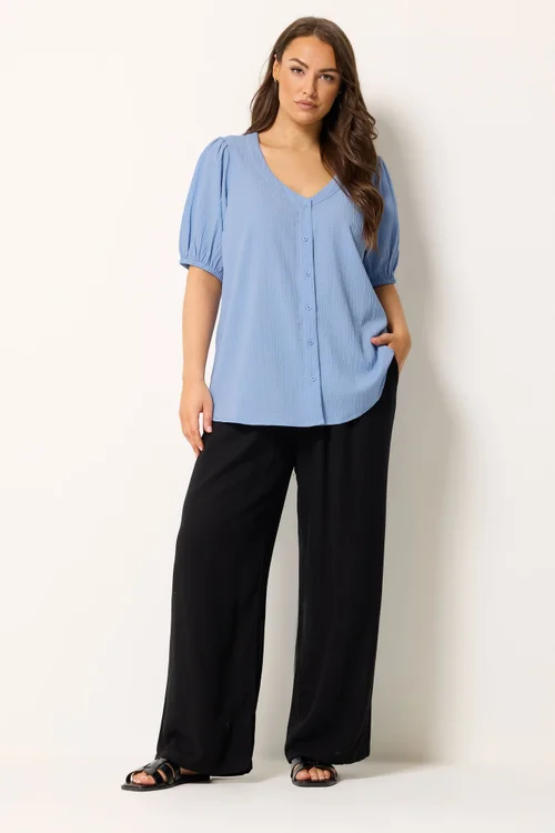 Yours Curve Blue Button Textured Blouse - 22-24 Image 2