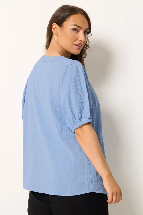 Yours Curve Blue Button Textured Blouse - 22-24 Image 3