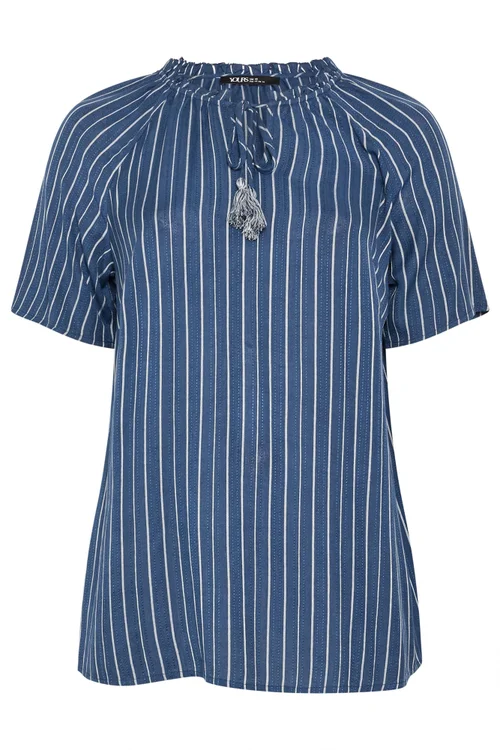 Yours Curve Navy Blue Stripe Notch Neck Embroidered Blouse - 22-24 Image 5
