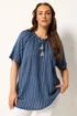 Yours Curve Navy Blue Stripe Notch Neck Embroidered Blouse - 22-24 Image 1
