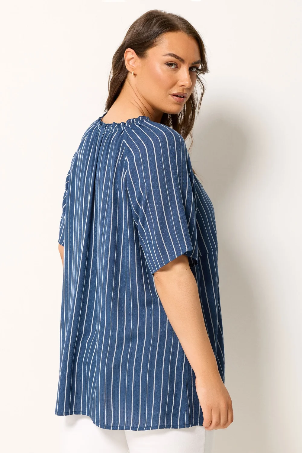 Yours Curve Navy Blue Stripe Notch Neck Embroidered Blouse - 22-24 Image 3