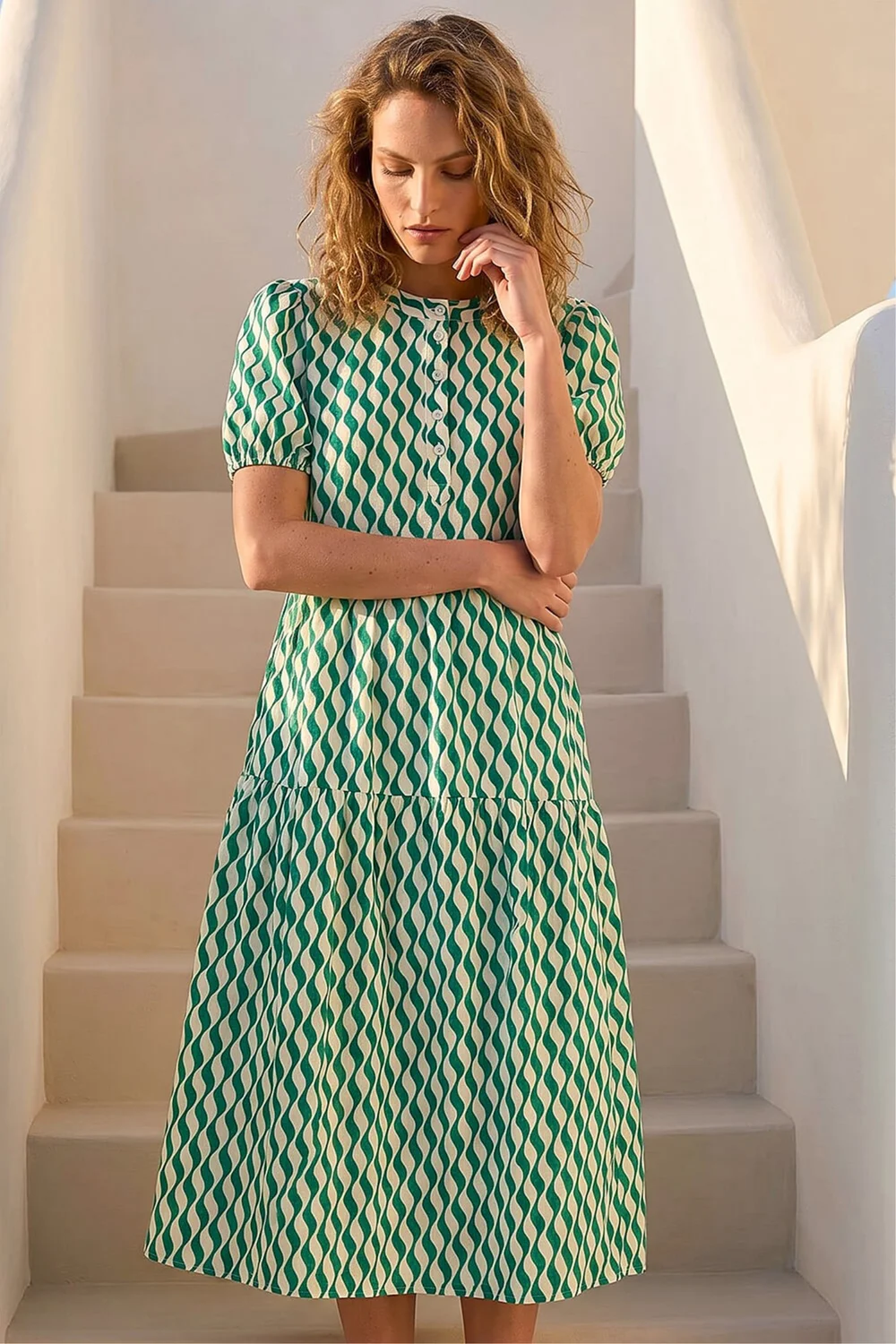 Roman Green Geo Print Button Shirt Midi Dress - 12 Image 1