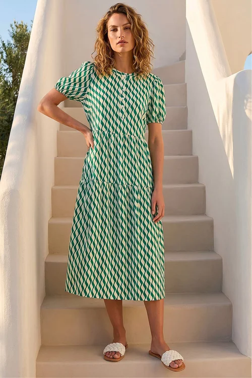 Roman Green Geo Print Button Shirt Midi Dress - 12 Image 3