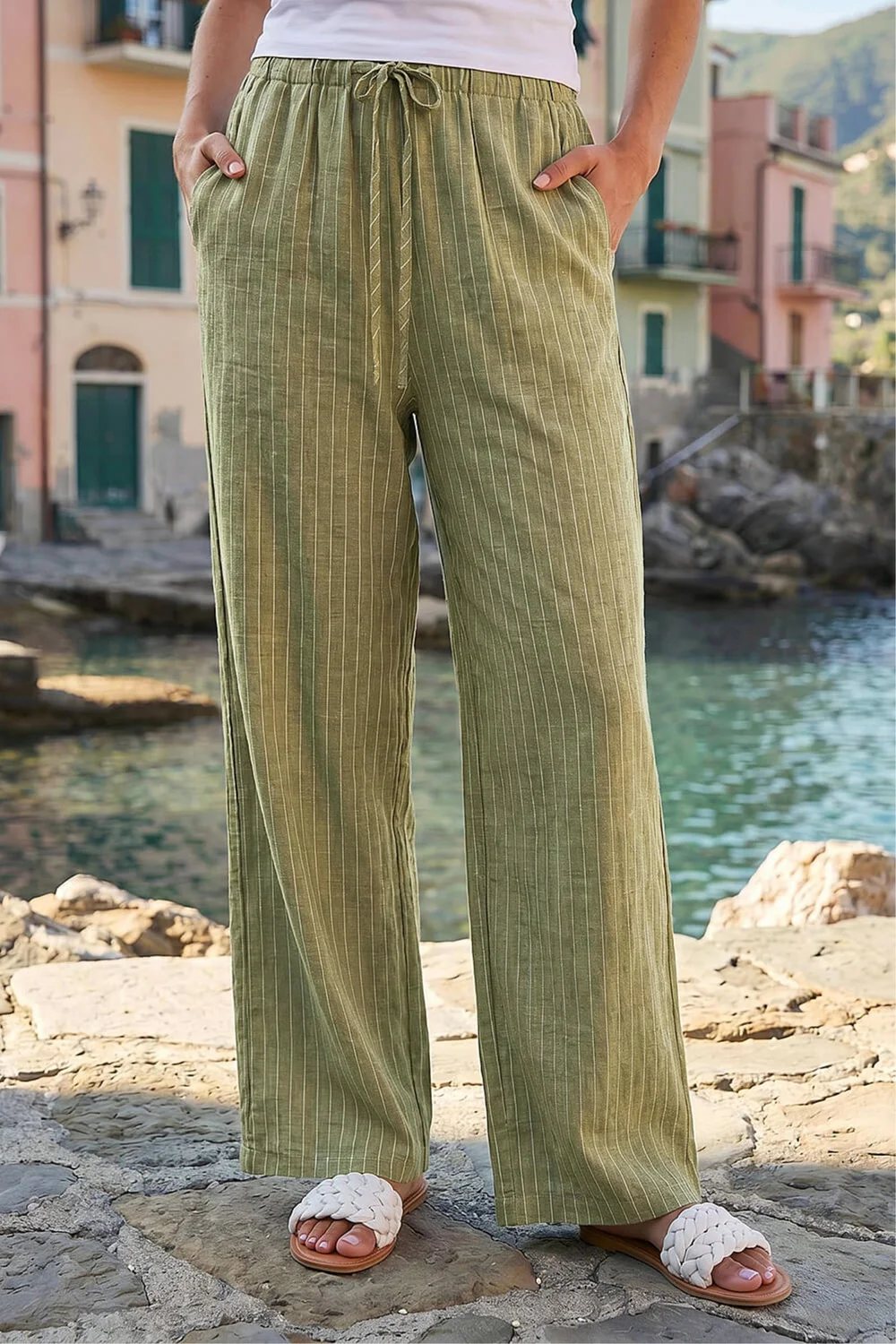 Roman Khaki Stripe Tie Waist Pocket Trouser - 12 Image 1