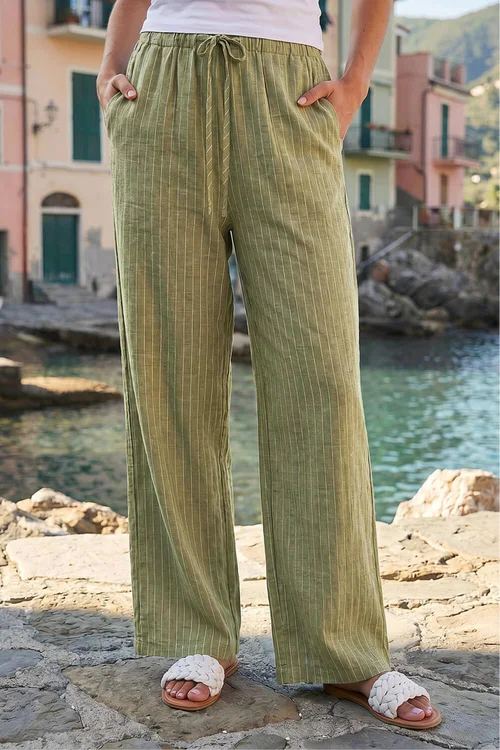 Roman Khaki Stripe Tie Waist Pocket Trouser - 12 Image 1