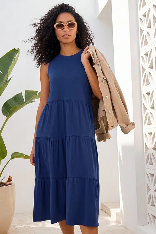 Roman Navy Tiered Midi Smock Dress - 20 Image 1