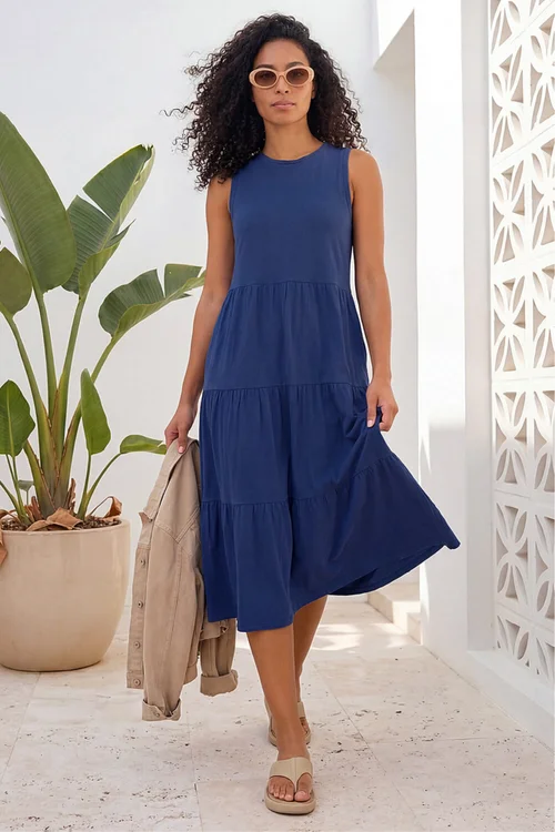 Roman Navy Tiered Midi Smock Dress - 20 Image 2