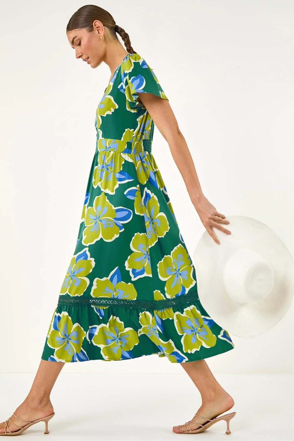 Roman Green Floral Print Lace Trim Midi Dress - 10 Image 1