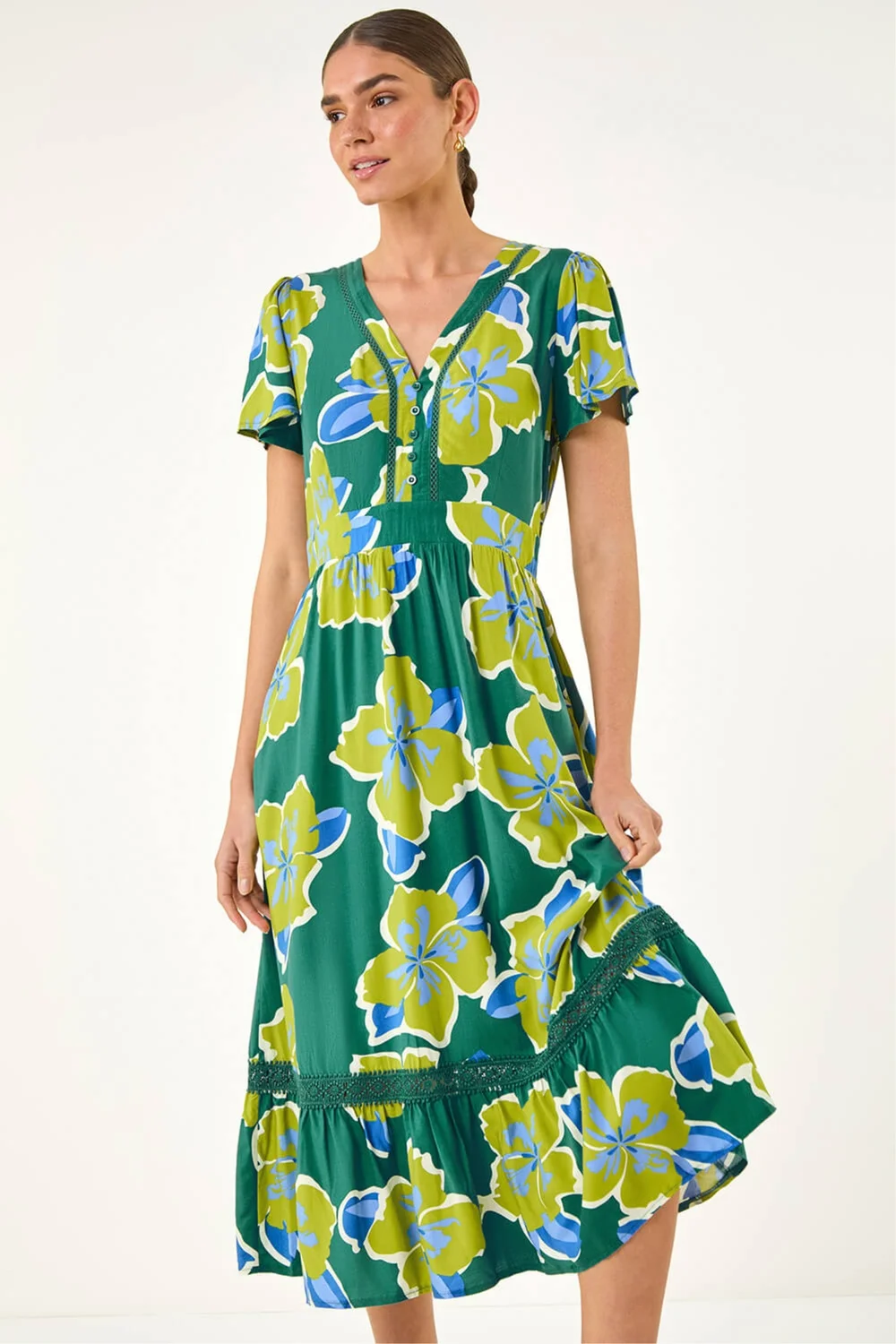 Roman Green Floral Print Lace Trim Midi Dress - 10 Image 2
