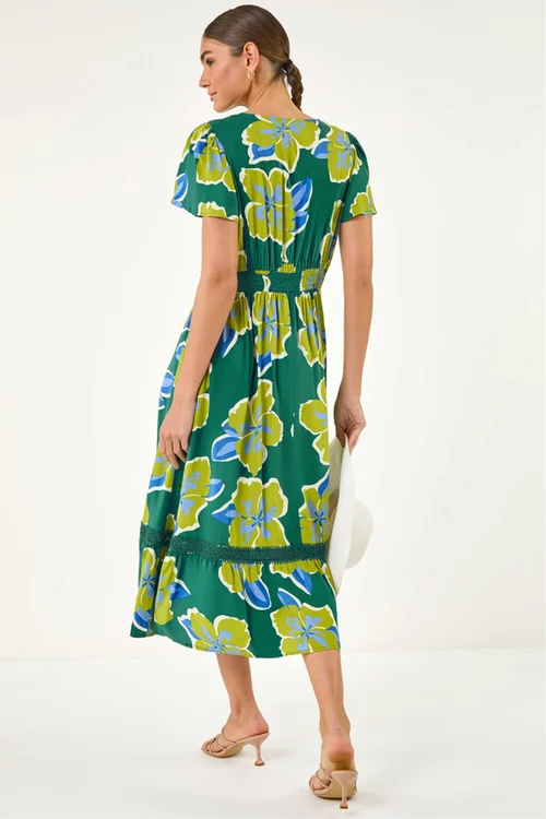 Roman Green Floral Print Lace Trim Midi Dress - 10 Image 3